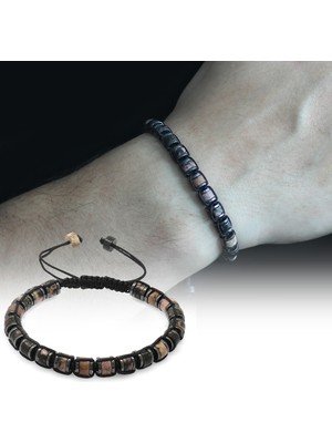 Gümüş Hediye Al Silindir Kesim Makrome Örgülü Kuvars-Hematit Kombinli Doğaltaş Erkek Bileklik