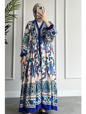 Ladies First Büyük Beden Doğal Kumaştan 9017-D03 Desenli Pamuk Elbise