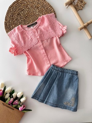 Miniğimin Cicileri Geniş Yakalı Eteği Nakış Detaylı Kız Çocuk 2 li takım - Pembe