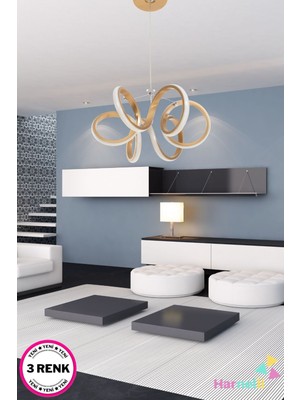 Nidage Alüminyum Gold Kasa 30 cm Çap 3 Renk Yanabilen Ledli Avize 71-80 cm Altın 1 Ledli 45 x 45 LED