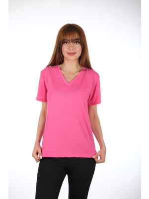 Moda Derin Pembe V Yaka T-Shirt