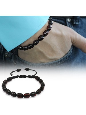 Gümüş Hediye Al Makrome Örgülü Kapsül Kesim Koyu Kırmızı Renk Damla Kehribar Erkek Bileklik