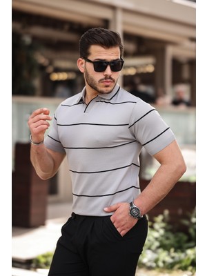 Miron Gri Çizgili Triko Polo Yaka Tişört- 2427