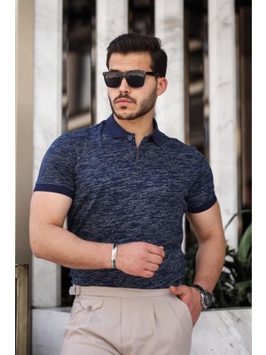Miron Lacivert Beyaz Çizgili Jakar Polo Yaka Kısa Kollu Tişört- 2429