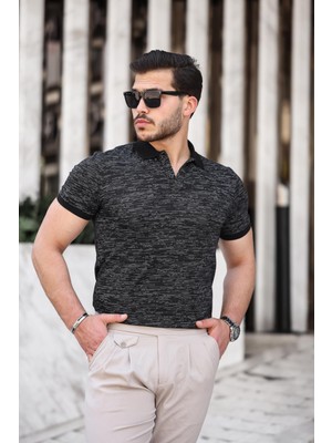 Miron Siyah Beyaz Çizgili Jakar Polo Yaka Kısa Kollu T-Shirt- 2429