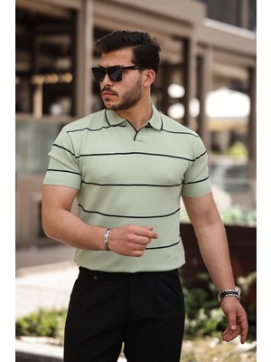 Miron Su Yeşili Çizgili Triko Polo Yaka Tişört- 2427