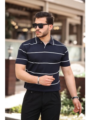 Miron Lacivert Çizgili Triko Polo Yaka Tişört- 2427