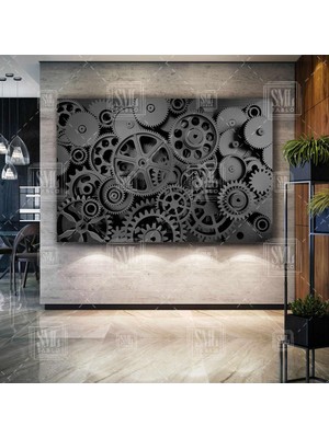 SML Tablo Birbirine Bağlı Siyah Dişli Çarklar Zaman Saat Mekanik Yatay Kanvas Tablo