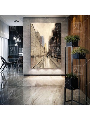 SML Tablo Soyut Nostalji Şehir Sokakta Yürüyen Insanlar Yansıma Dekor Dikey Kanvas Tablo