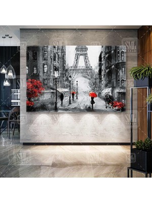 SML Tablo Yağmurda Paris Sokaklarında Yürüyen Insanlar Eyfel Kulesi Fransa Yatay Kanvas Tablo