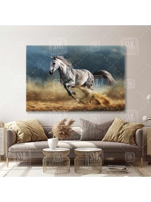 SML Tablo Horse Beyaz At Kumda Koşan Beygir Yarış Atı Yatay Kanvas Tablo