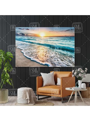 SML Tablo Gün Batımında Sahile Vuran Dalgalar Doğa Huzur Tatil Holiday Yatay Kanvas Tablo