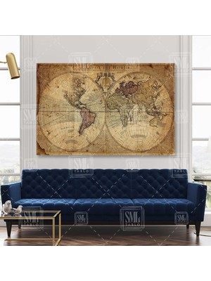 SML Tablo Eski Dünya Haritası Vintage World Map Yatay Kanvas Tablo