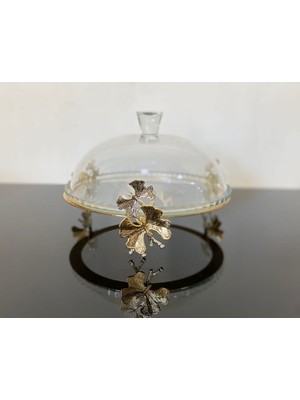 Kelebek Döküm Ayaklı Kek Fanusu Servis & Sunumluk 32 cm Gold Özel Kaplama