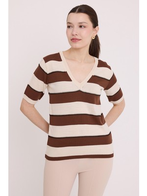 Bigdart Kadın Kahve Krem Çizgili Kısa Kol Bluz 15869