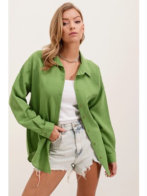 Bigdart 20153 Tek Cepli Oversize Keten Gömlek - E.yeşil