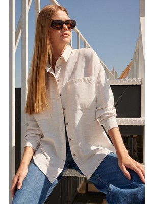 Bigdart 20126 Oversize Keten Gömlek - Beyaz