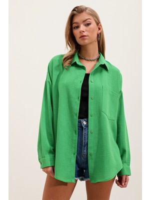 Bigdart 20153 Tek Cepli Oversize Keten Gömlek - Yeşil