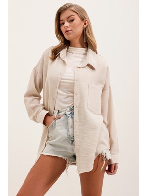 Bigdart 20153 Tek Cepli Oversize Keten Gömlek - Krem