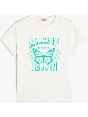 Koton T-Shirt Kelebek Baskılı Kısa Kollu Bisiklet Yaka Pamuklu
