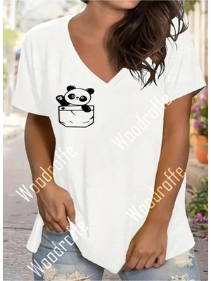 Woodroffe Kadın V Yaka Salaş Cep Panda Baskılı Beyaz Oversize Boyfriend T-Shirt