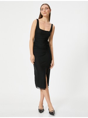 Koton Tül Kalem Elbise Midi Boy Kalın Askılı Drapeli Yırtmaç Detaylı