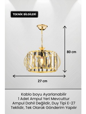 Nidage Altın Lüx Kristal Modern Taşlı Gold Salon Mutfak Oturma Odası Antre Hol Tekli Avize 27 Lik E27 71-8