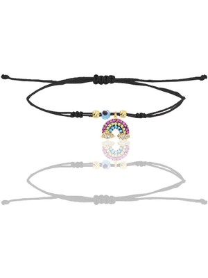 Söğütlü Silver Gümüş Altın Yaldızlı Zirkon Taşlı Nazarlı Gök Kuşağı Siyah Ipli Şans Bileklik SGTL12458GOLD