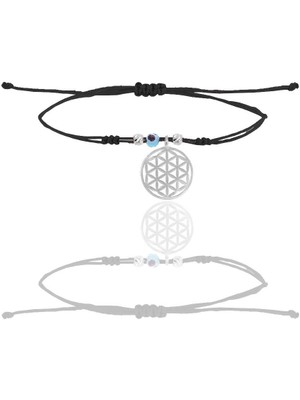 Söğütlü Silver Gümüş Rodyumlu Nazarlı Yaşam Çiçeği Siyah Ipli Şans Bileklik SGTL12462RODAJ