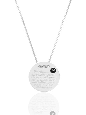 Söğütlü Silver Gümüş Rodyumlu Ayetel Kürsi Yazılı Nazarlı Plaka Kolye SGTL12490RODAJ