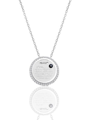 Söğütlü Silver Gümüş Rodyumlu Zirkon Taşlı Ayetel Kürsi Yazılı Nazarlı Plaka Kolye SGTL12491RODAJ