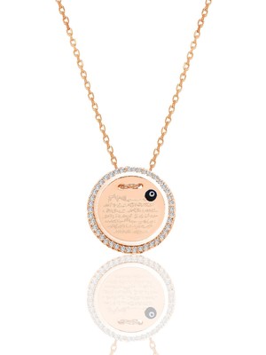 Söğütlü Silver Gümüş Rose Zirkon Taşlı Ayetel Kürsi Yazılı Nazarlı Plaka Kolye SGTL12491ROSE