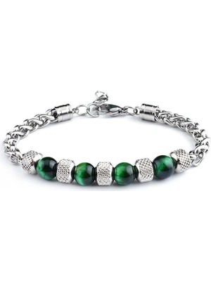 Gümüş Hediye Al Yeşil Kaplangözü&çelik Kombinasyonlu Uzunluk Ayarlanabilir Avangart Erkek Bileklik