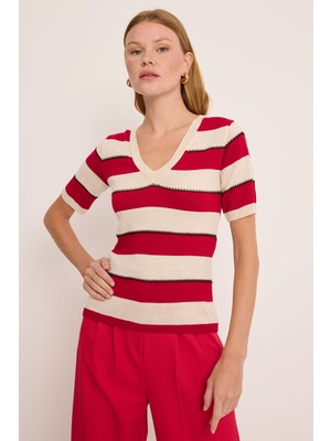 Bigdart Kadın V Yaka Kırmızı Beyaz Çizgili Bluz 15869