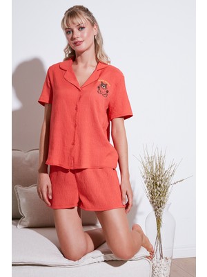 Lela Gömlek Yaka Beli Lastikli Kısa Kollu Şortlu  Kadın Pijama Takımı 611PT00065