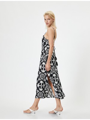 Koton Ince Askılı Midi Çiçekli Elbise Keten Karışımlı Yırtmaç Detaylı Arkası Bağlamalı