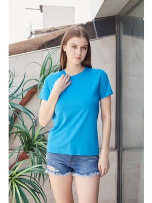 Jument Kadın Sıfır Yaka Kırışmaz Span Karışımlı Şık Kısa Kol Likralı T-Shirt Bluz-Mavi