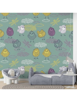 Duvar Kağıdı Baskı Şirin Kuş Desenli Çocuk Odası Duvar Kağıdı Baskı