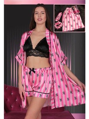 Vip Madame Victoria Secret Saten Barbie Fuşya Pembe Pink Şort Büstiyer Gecelik&sabahlık Takımı