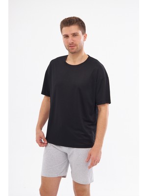 Yüksel Işık Spor T-Shirt Erkek Düz Siyah Renk Yuvarlak Yaka Kappa Kumaş