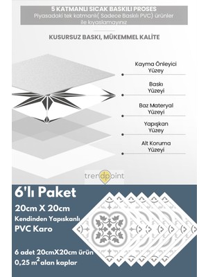 Trendpoint Kendinden Yapışkanlı Pvc Sticker 6ADET 20CM×20CM Mutfak Banyo Duvar Zemin Kaplama