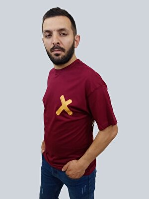 Daniel Milano Erkek Crossed Out Oversize Bisiklet Yaka Bordo Tişört