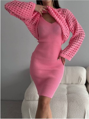 Şems Fashion Delikli Triko Kazak ve Elbise Pembe