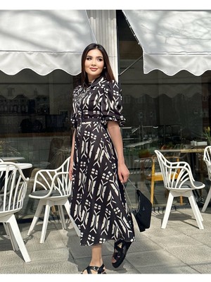 Şems Fashion Poplin Kumaş Kemerli Gömlek Yaka Elbise Uzun Elbise Elbise