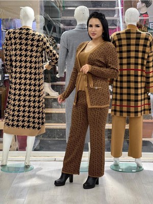 Şems Fashion Yeni Sezon Triko Kumai Pantolon Hırka Bluz ve Kemer 4 Lü Takım