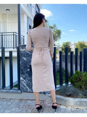 Şems Fashion Örme Crep Kumaş Gül Detaylı Elbise Uzun Elbise Elbise