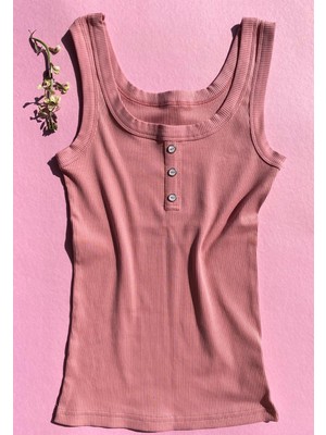 Ahmio Kare Yaka, Yazlık, Düğme Detaylı Kaşkorse Kalın Askı Lillesol Gül Kurusu Renk Kadın Atlet 64V63