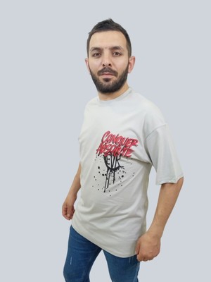 Daniel Milano Erkek Conquer Oversize Bisiklet Yaka Açık Gri T-Shirt