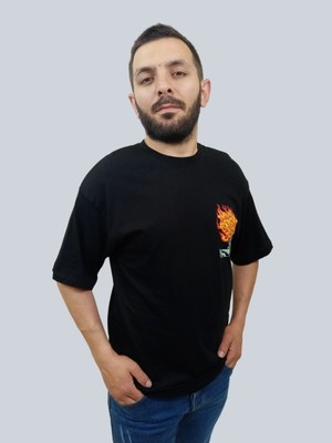 Daniel Milano Erkek Burning Oversize Bisiklet Yaka Siyah T-Shirt