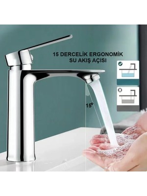 Rena Design Krom Lavabo Bataryası Gümüş Paslanmaz Garantili Musluk Prinç Aç Kapa Ergonomik